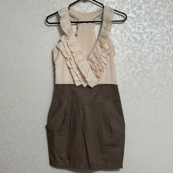 a'gaci Dresses & Skirts - A'gaci Ruffle Mini‎ Dress Sleeveless Racerback Two Tone Brown Beige Pleated S